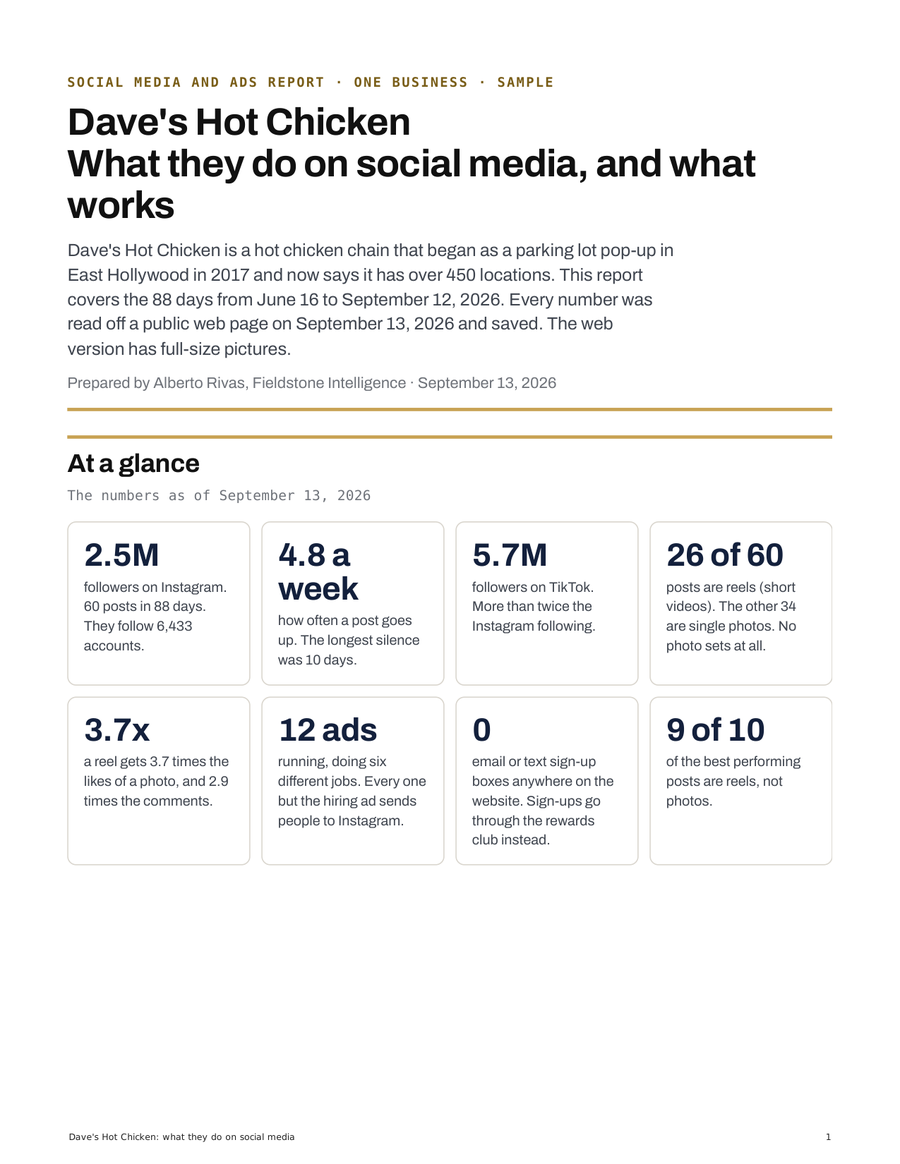 Cover of a Fieldstone Intelligence sample social and ads teardown
